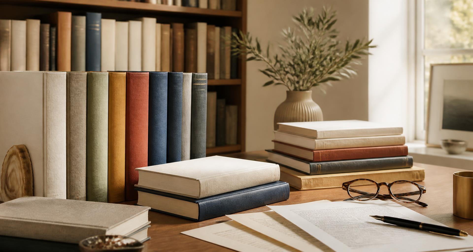 Elegant publishing workspace with books and manuscript pages